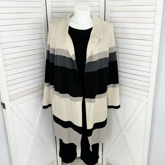 Chico’s Zenergy Cardigan Sweater Striped Colorblock Cotton Cashmere Tan Black XL - Picture 1 of 11